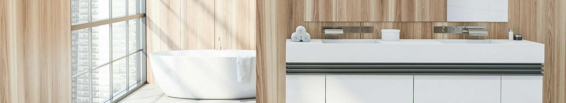 banner - łazienka z wanną w bieli i kolorze sosny